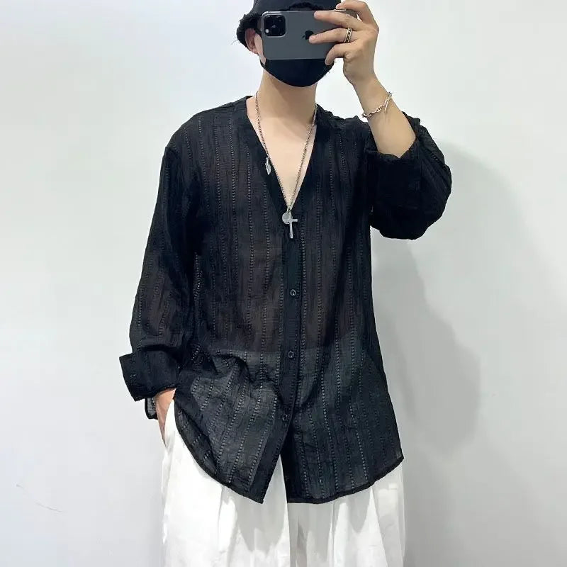 Simple Loose Hollowed-out Draped V-neck Loose Shirt for Men Solid Color Y2K Blouse Fashion Tops Chic Casual Male Clothes