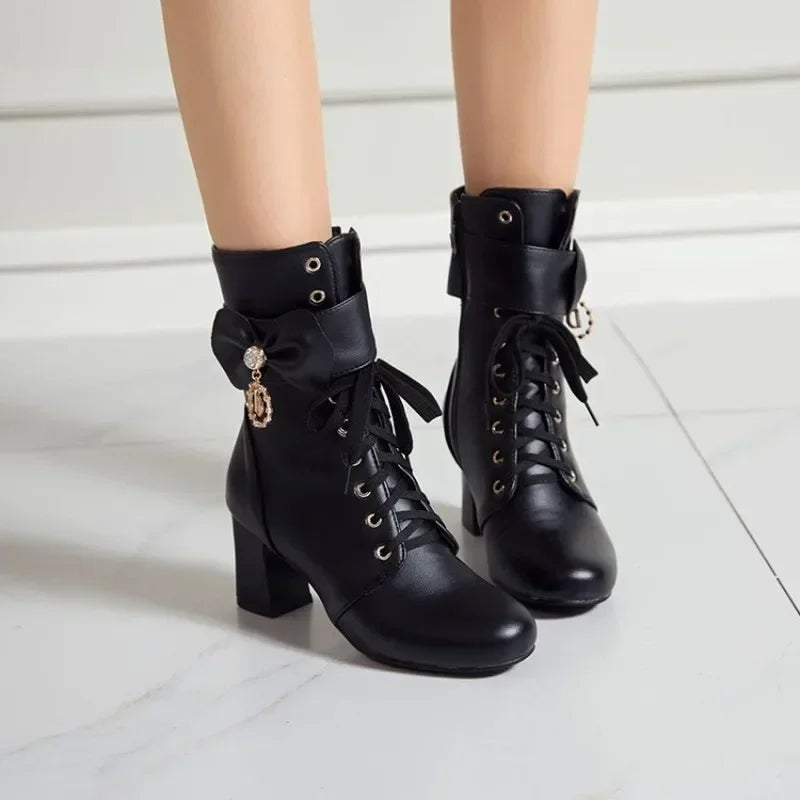 Winter Fashion British Style Round Head High Heels Women Boots Black White Pink Sweet Butterfly-Knot High Heels Women Boots