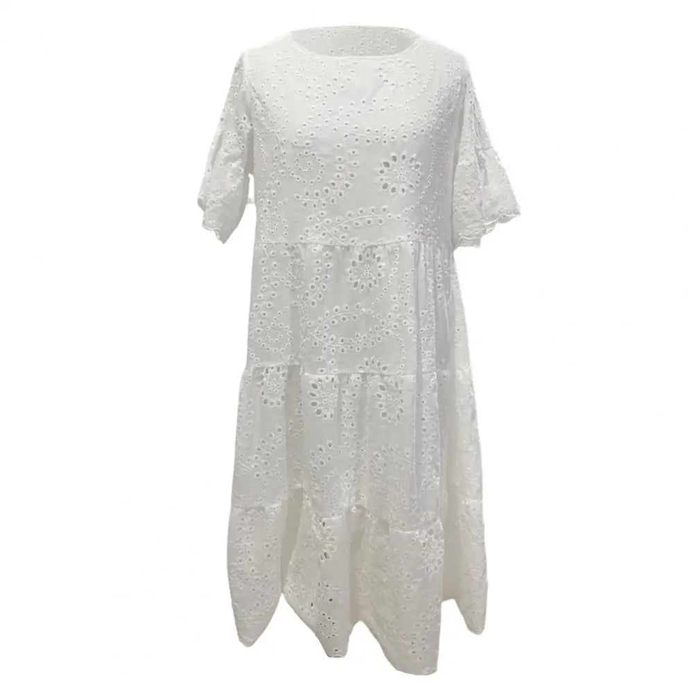 Summer Women Dress Hollow Out O Neck Short Sleeves A-line Pleated Solid Color Big Swing Embroidery Vacation Beach Midi Dress