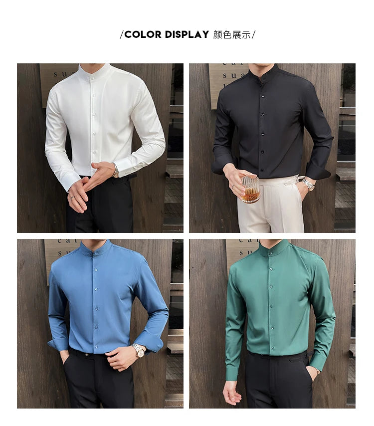 Business Dress white Shirt for Men 2026 British style Long Sleeved Solid Color Casual Elastic Slim Fit Shirt for Men's Clothing