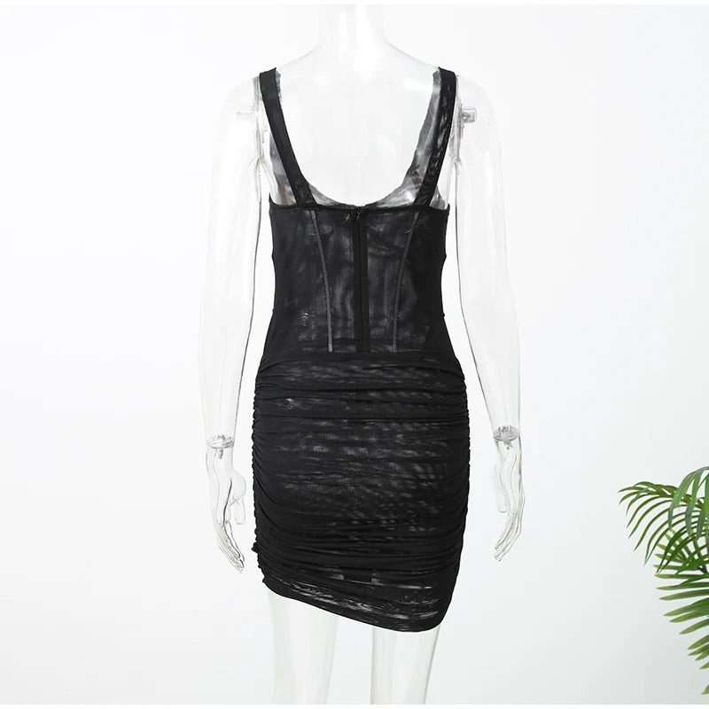Fashion Slim Fishbone Dress Women Elegant Solid V-neck Sleeveless Pleated Bodycon Mini Dresses 2026 Summer Lady Party Gown