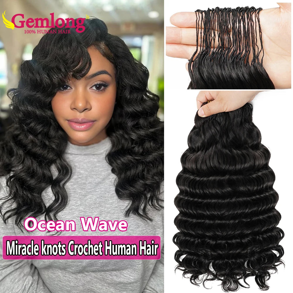 Ocean Wave Miracle Knots Crochet Human Hair Pre-Separated Feathered Human Crochet Hair 60g/pcs Burmese Curly Human Hair Bundles
