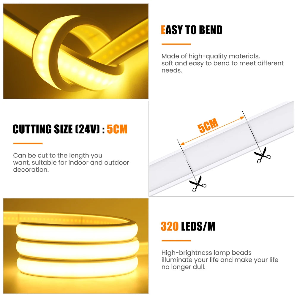 24V COB LED Solar Strip Outdoor Waterproof Neon Light 320LEDs/m Flexible Rope Light Warm Natural White Courtyard Home Lighting
