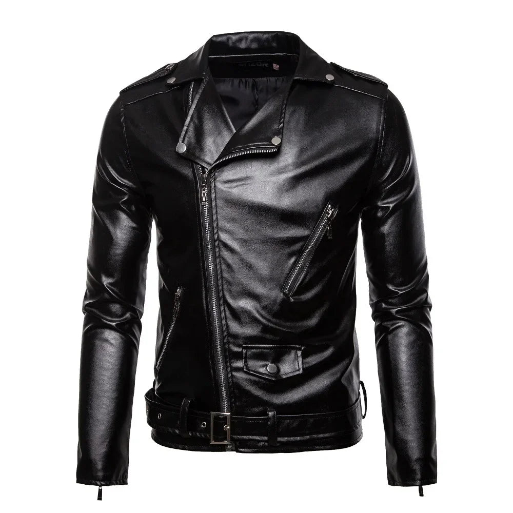 2023 Men's Autumn and Winter Lapel Leather Jacket Business Casual Oblique Zipper PU Leather Motorcycle Leather Jacket