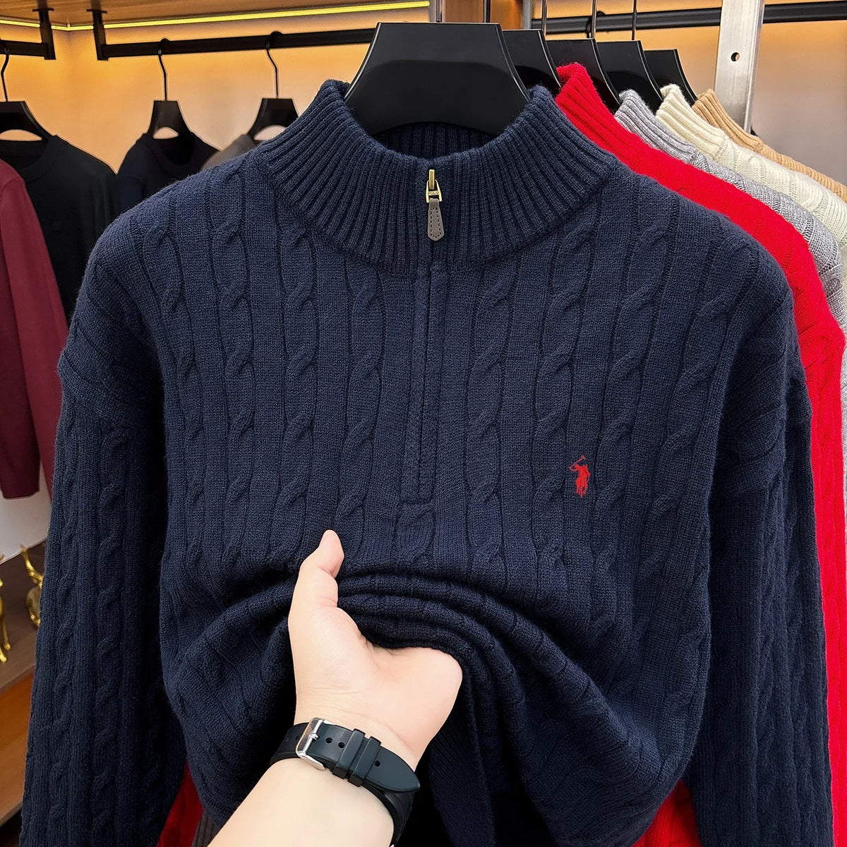 Fashion Half Zipper Sweater Men's Winter Warmth New exquisite jacquard design luxury brand golf pony embroidery knitted pullover
