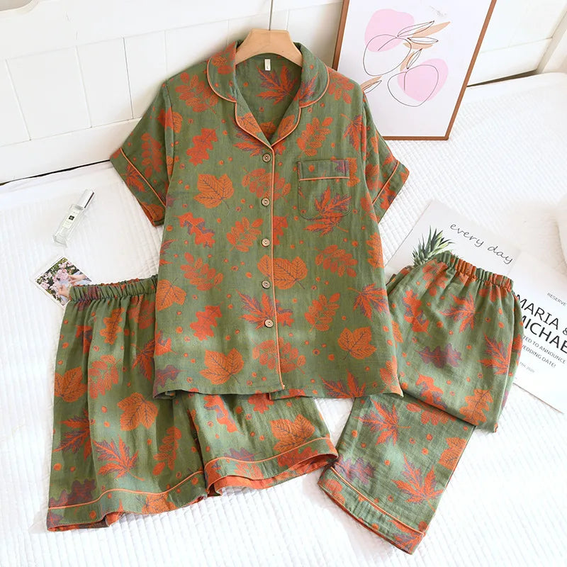 Short Sleeve Sleepwear Women's Pajamas Set Gauze Cotton Pyjamas Summer New 3 Pieces Floral Home Wear Nightwear For Woman
