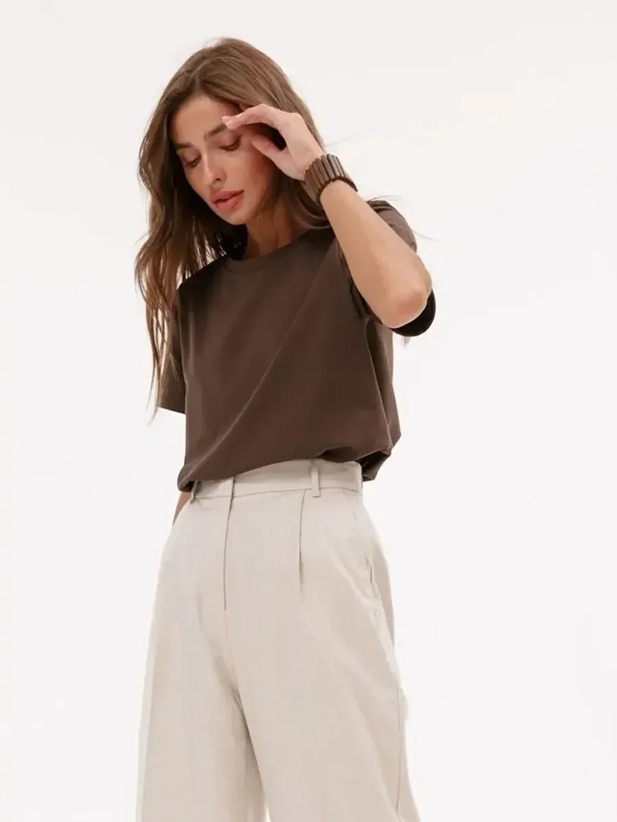 Summer 100% Cotton Women's T-shirt Bottoming Basic Fashionable Lady Short Sleeve Loose Tops Shirts Solid 200g/㎡ Tops
