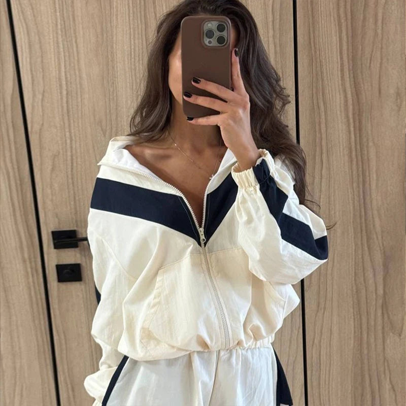Lady'snavy Chevron Stripe Windbreaker Tracksuit Zip Cropped Jacket Contrast Trim Shorts 2026 Casual Sport Daily Jogging Street