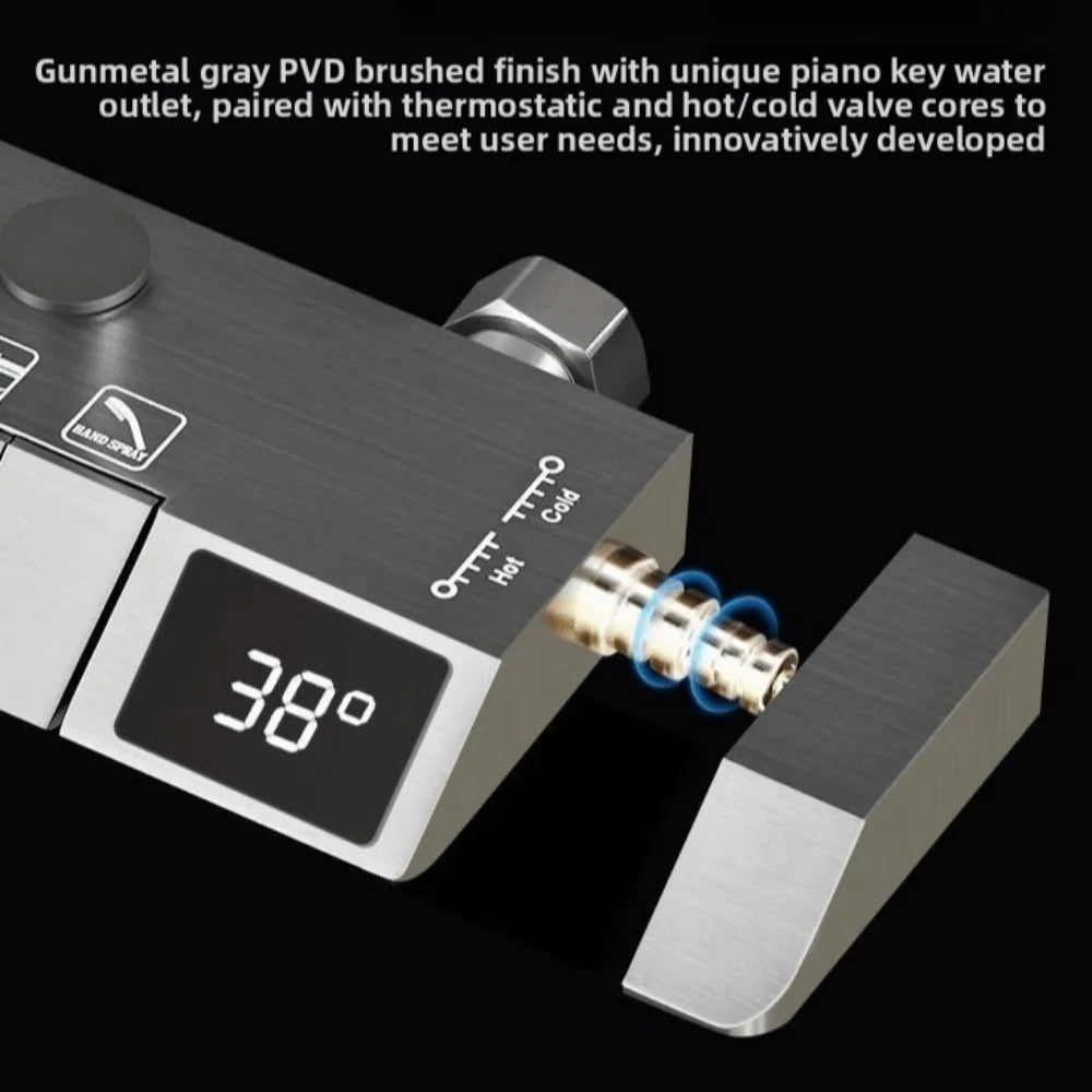 Grey Shower System High Pressure Piano Button Digital Shower Faucet Set Intelligent Temperature Display Rainfall Shower Set