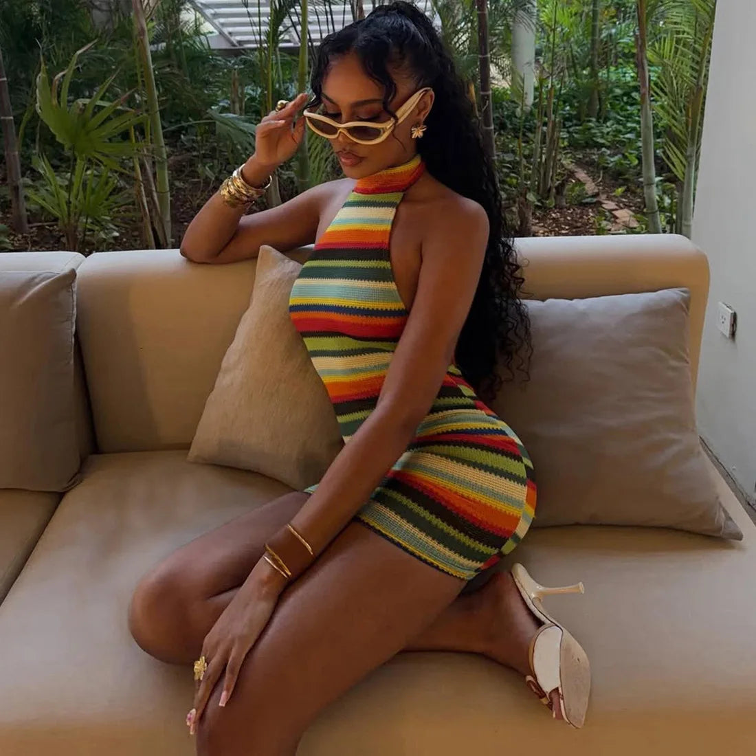 Cryptographic Striped Knit Halter Mini Dress Colorful Contrast Sleeveless Backless Summer Casual Clubwear Bodycon Short Dresses