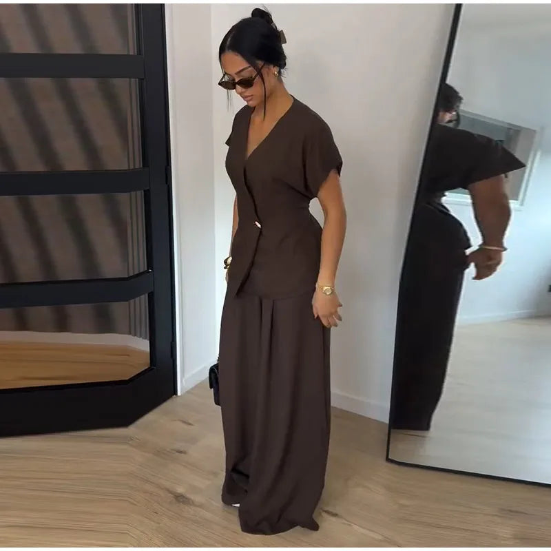 Elegant Button Top Pants Set Women Slim V-neck Short Sleeve One Button Tops High Waist Wide Leg Pant Two Piece Sets 2026 Summer