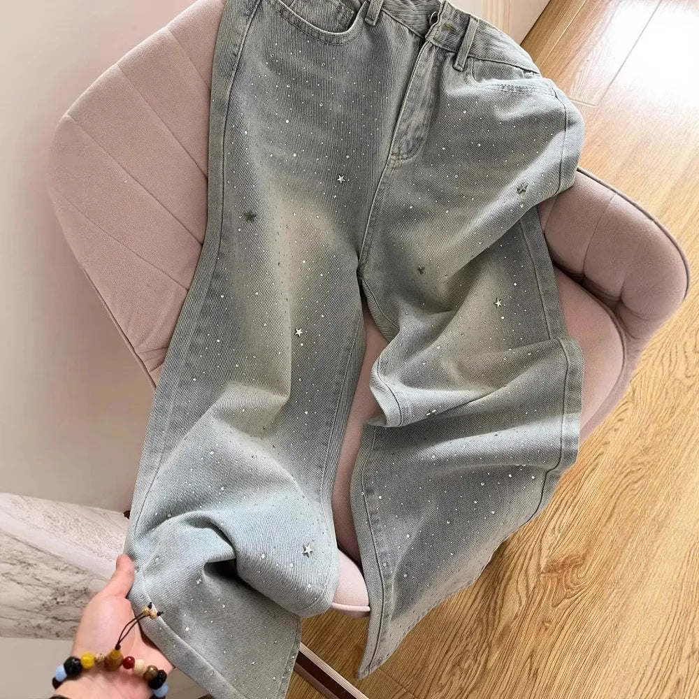 Four Seasons New Fashion Women's Light Blue Wide Leg High Waist Loose Casual Trendy Jeans Female Diamond Studded Denim Trousers