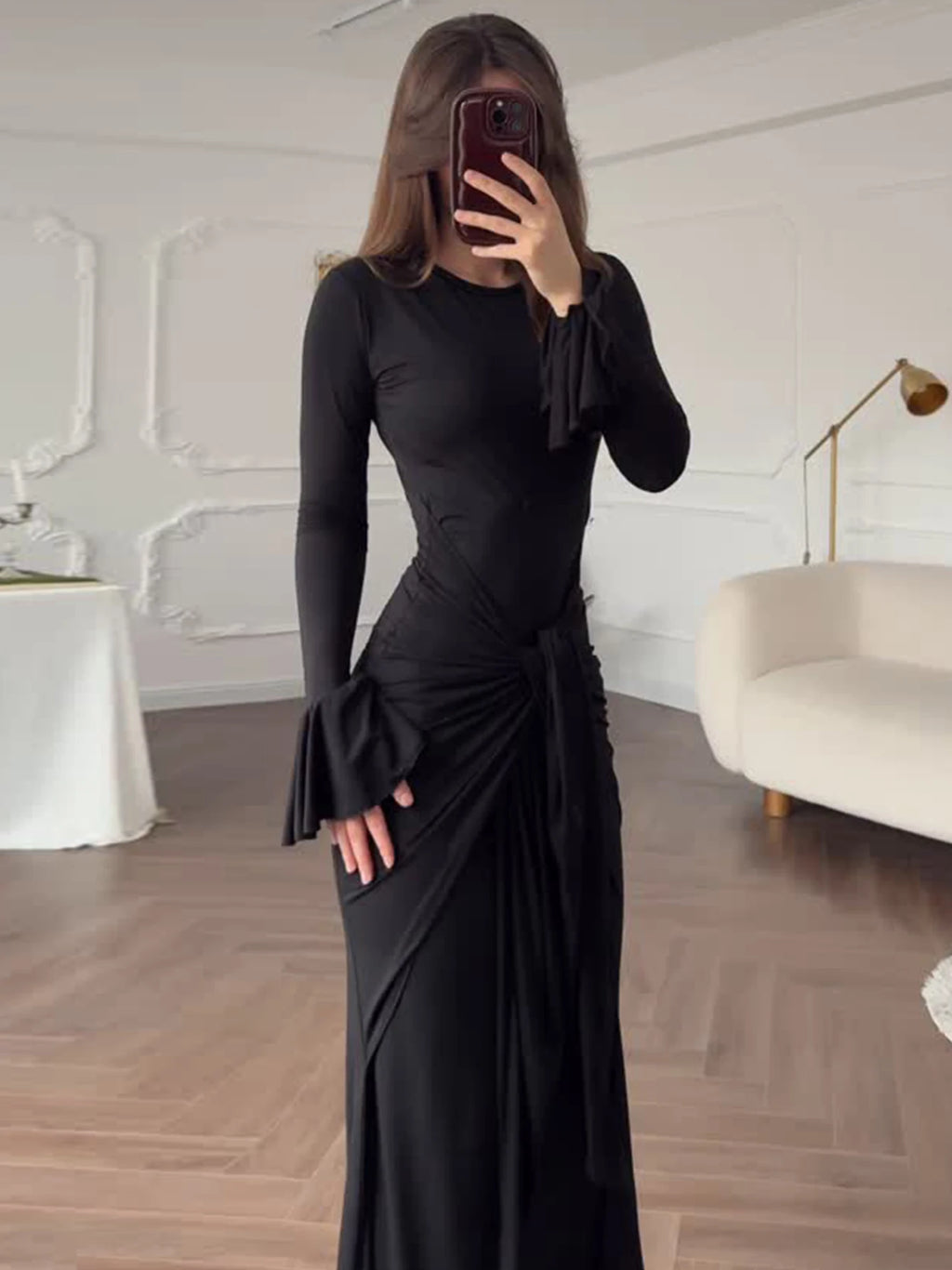 Dulzura O-Neck Long Flare Sleeve Ruched Lace Up Slim Long Dress Women'S Fashion Elegant Clothes Party Club Street Autumn Outfit
