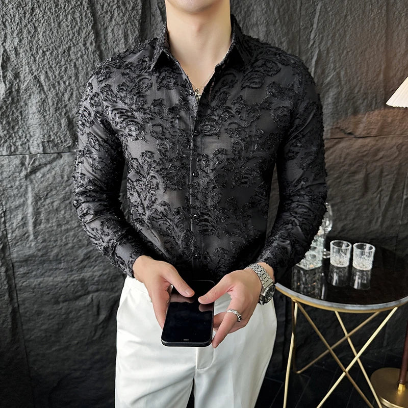 Tassels Shirts For Men Korean New Autumn Winter Long Sleeve Men's Social Shirt Slim Fit All Match Plain Color Blouse Homme 4XL-M