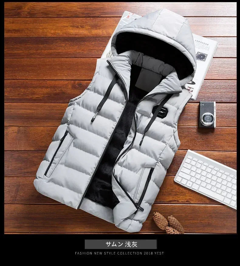 Fashion Warm Hooded Male Winter Vest Light Plus Size Mens Work Vest Waistcoat Hooded New Fleece Autumn Sleeveless Jacket for Men