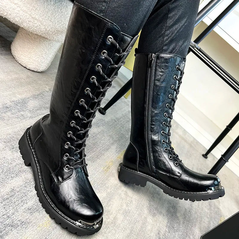 men's fashion party nightclub dress motorcycle boots black soft leather shoes autumn winter cowboy high boot long botas hombre