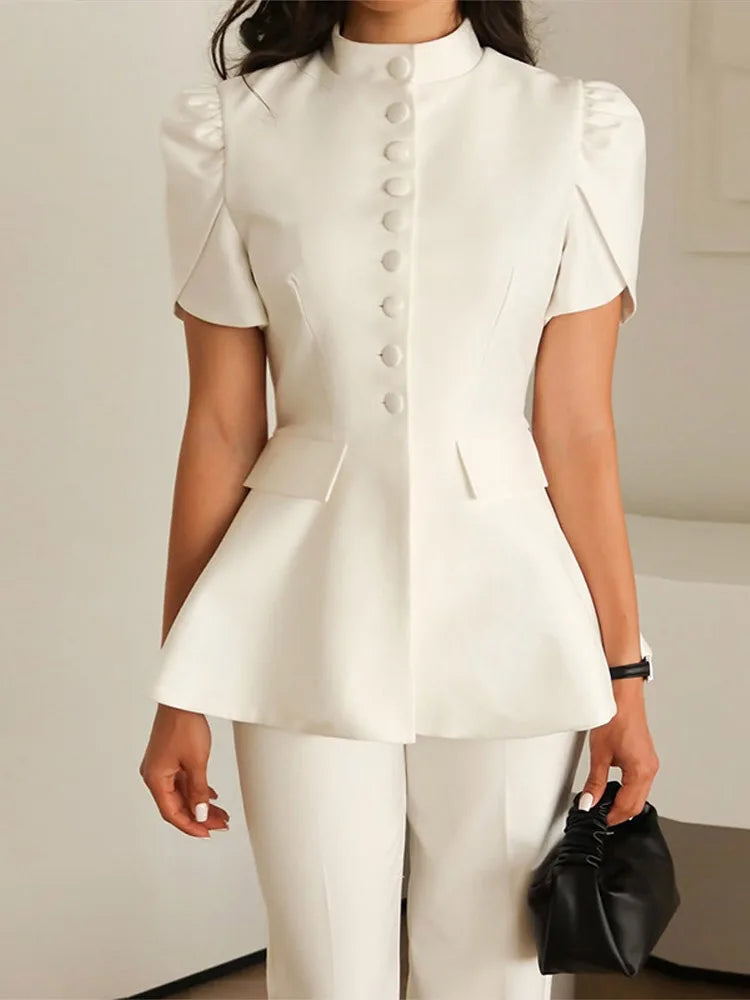 Women's Puff Sleeve Blazer Single-Breasted O-Neck Solid Waist-Closed Lady Coats 2026 Summer Fall Fashion Female Office Outwear
