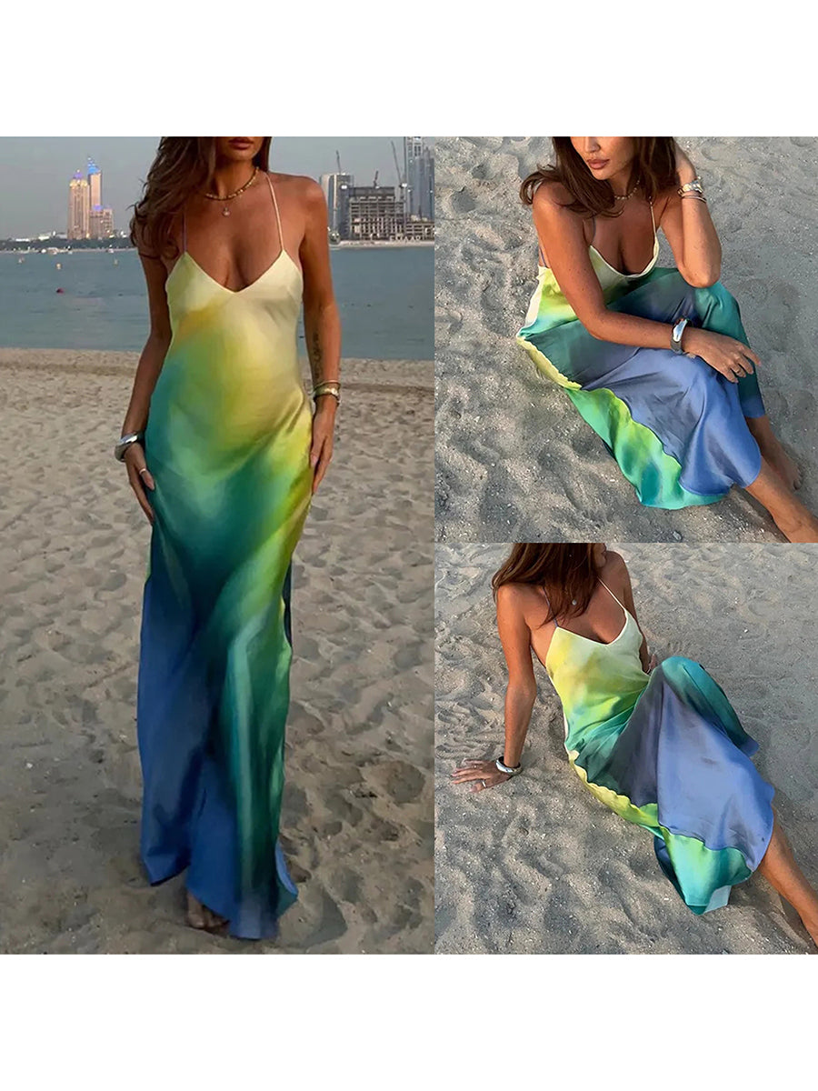 Women's Summer Cami Long Dress Gradient Color Spaghetti Strap V-Neck Backless Beach Party Dress Sundress Beachwear