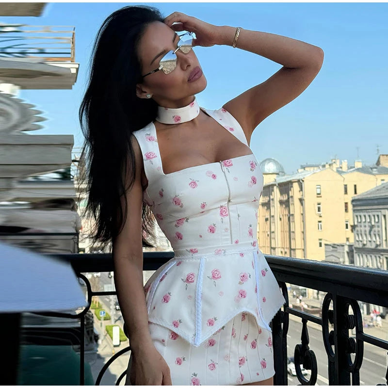 Women's White Floral Print Wide-strap Cami Dress With Waistband Fashion Satin Bodycon Mini Dresses Lady 2026 Elegant Party Robes
