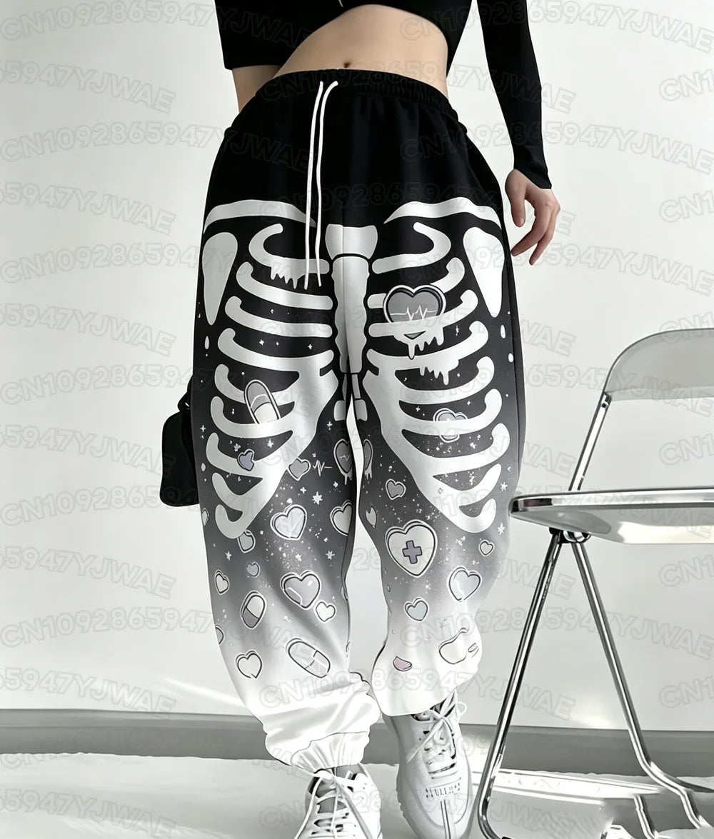 Spring and Autumn Women's Men's Skull Print Street Style Gothic Hip Hop Yami Kawaii Y2K Casual Long Jogger Pants