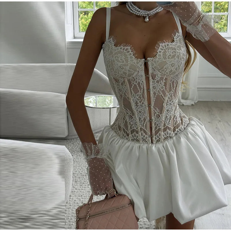 Sexy Fishbone Corset Mini Dress Women Black Hollow Out Backless Bandage Bubble Dresses 2026 Summer Party Festival Dresses