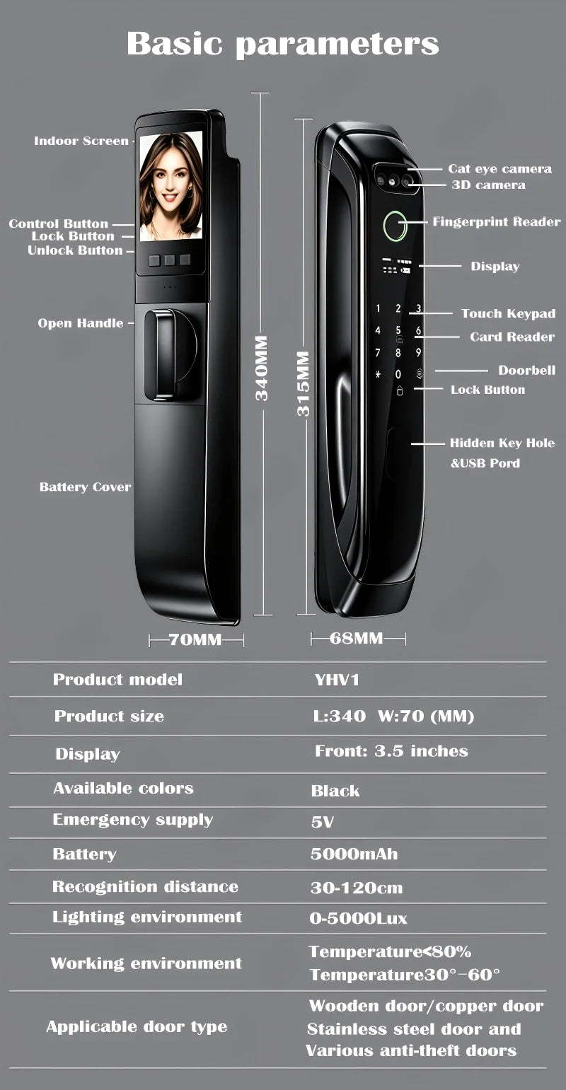 5050 5072 5572 4585 6085 Mortise Tuya WiFi Video Intercom 3D Face Recognition Smart Lock Biometric Camera Auto Keyless Lock