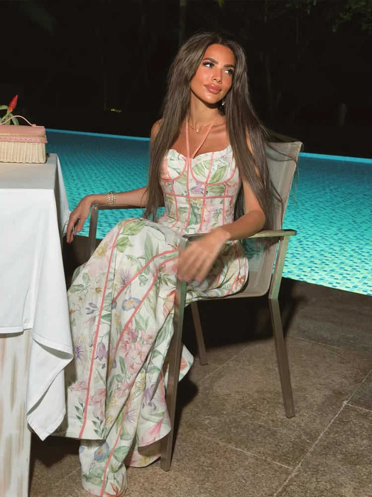 Elegant Floral Print Halter Dress Women Sleeveless Waist-closed A-line Dresses 2026 Spring Summer Fashion Female Vacation Robe
