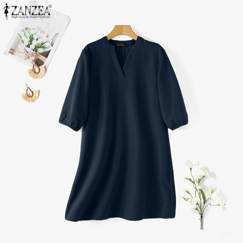 2025 ZANZEA Fashion Women V Neck 3/4 Sleeve Dress Autumn Sundress Elegant Solid OL Work Dresses Casual A Line Loose Vestido Robe