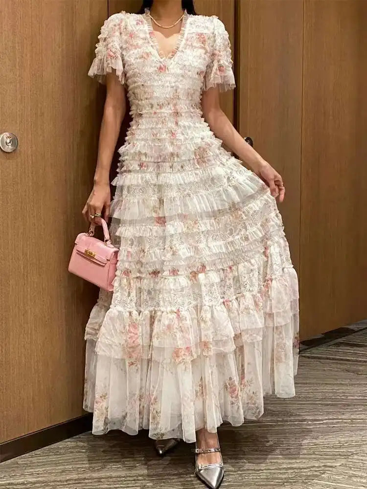 Eshin Elegant Midi Dress Short Sleeve Summer Spring New Fashion Design Women Runway Mesh Ruffles V-Neck Party High Street TH6731