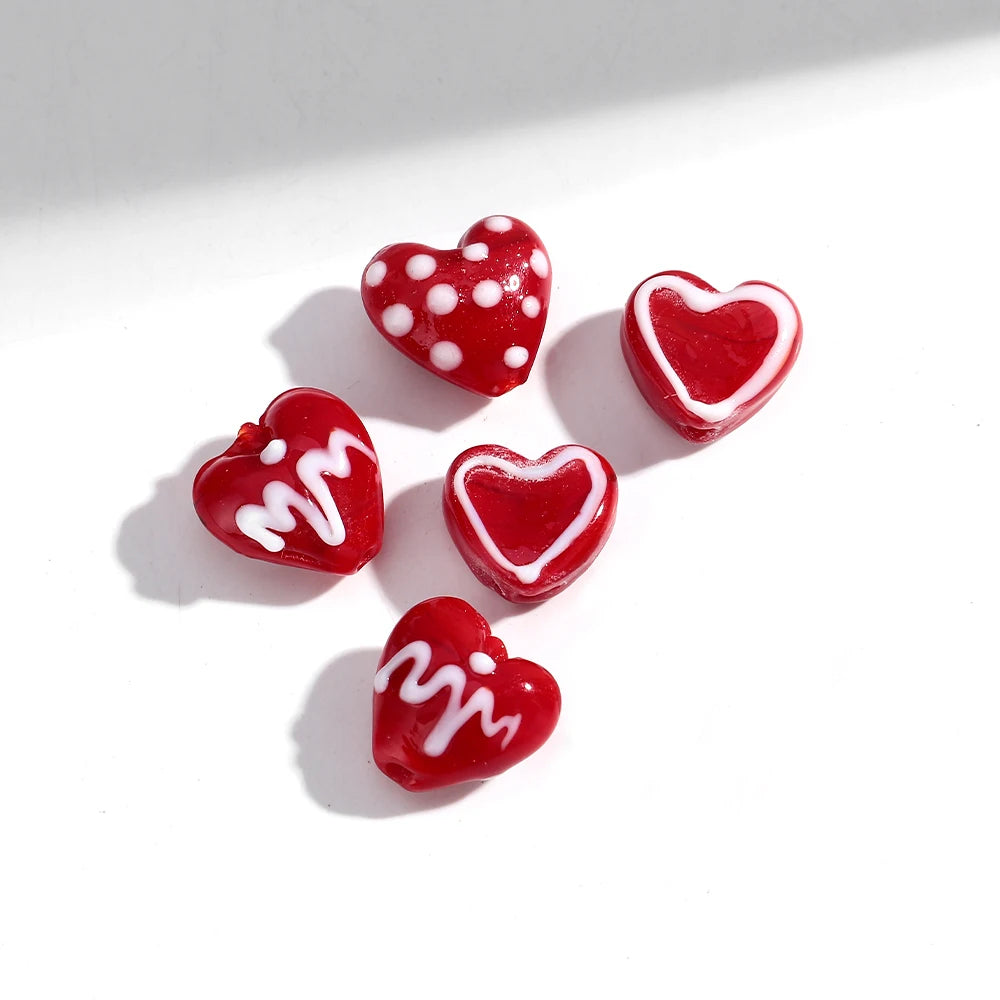 5Pcs Red Heart Lampwork Glass Beads Charm Dot Love Peach Loose Bead for DIY Craft Jewelry Making Necklace Bracelet Accessories