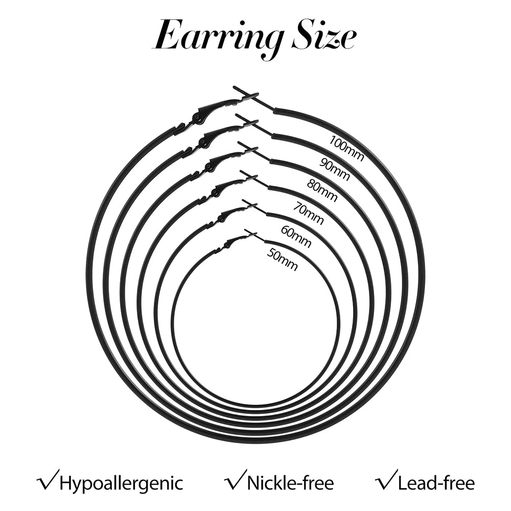 5 Sizes Stainless Steel Black Round Circle Hoop Earrings for Women Punk Exaggerated Smooth Statement Earring Gothic Jewelry Gift