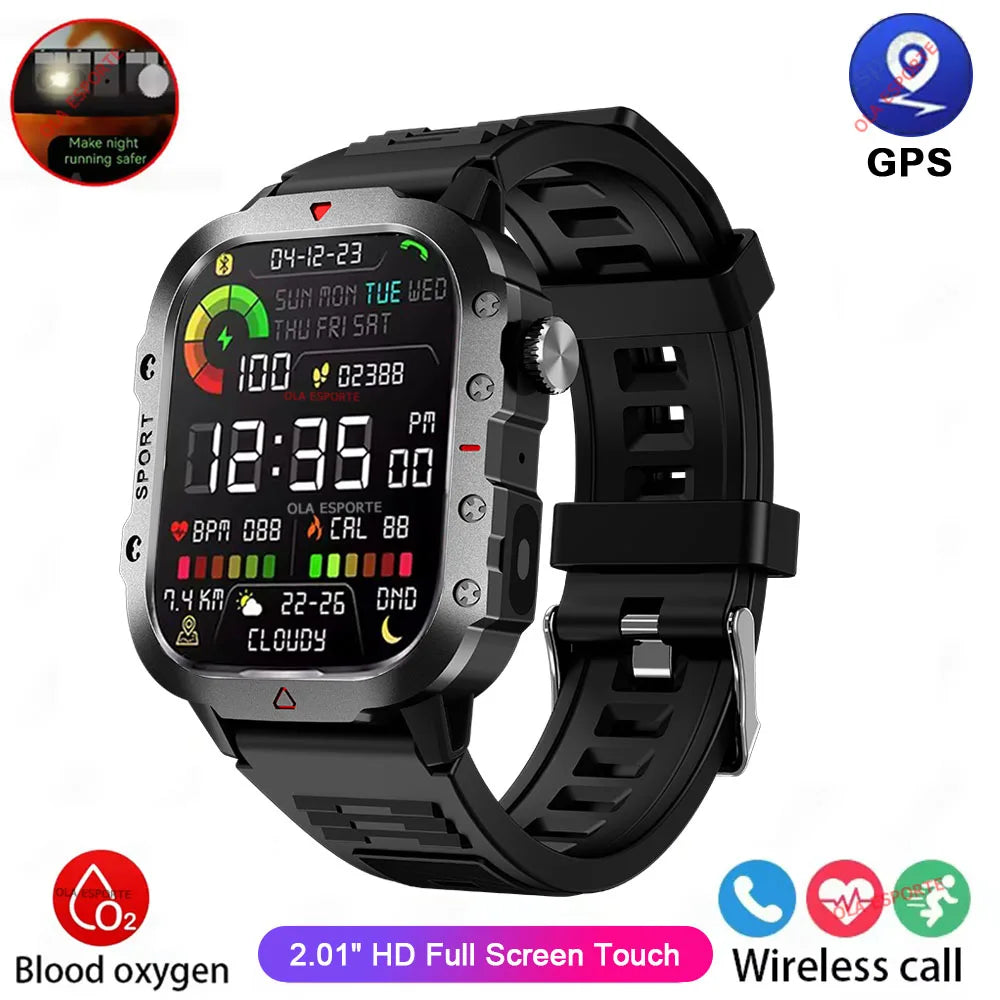 2026 Rugged Military Smart Watch Men's Outdoor Watch LED Flashlight 2.01'' HD Touch Screen Voice Bluetooth Call Smartwatch Gifts