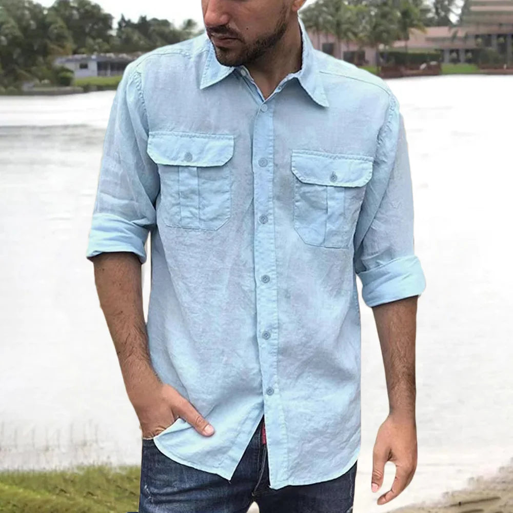 Cotton Linen Men's Shirt Long Sleeve Solid Color Casual Tops Lapel Double Pocket Design Classic Shirt Trendy Male Clothing