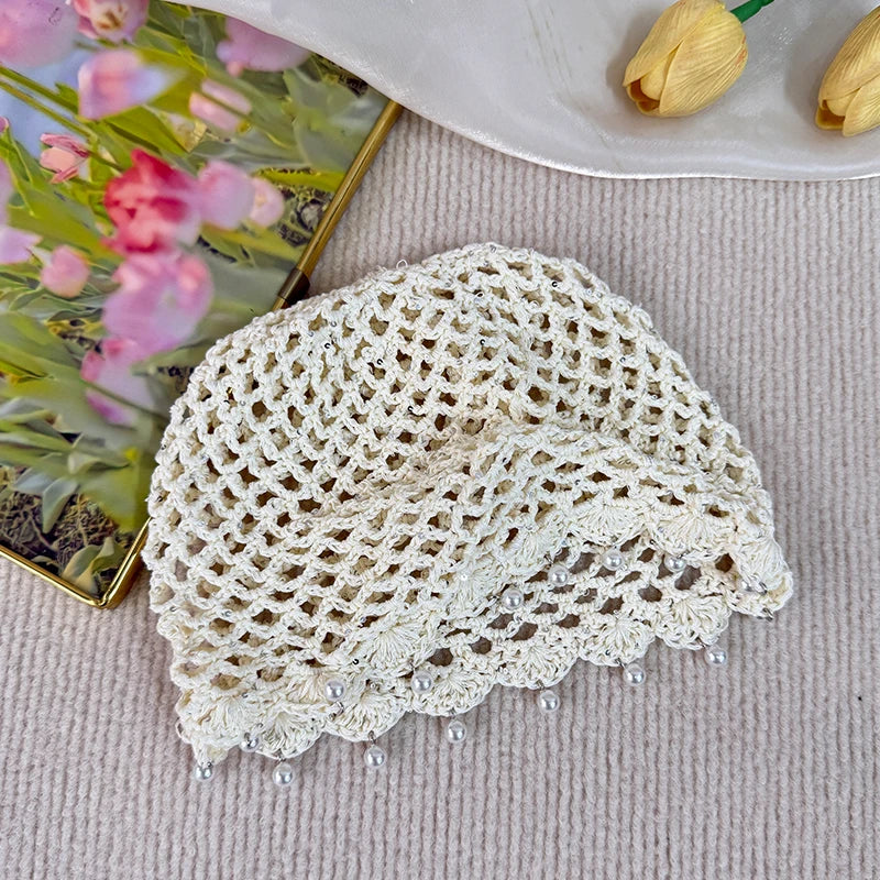Fashion Hollowed Out Woven Pullover Hats Crochet Breathable Beret Cap Pearl Fringed Retro Beanies Cap for Women Summer Korean