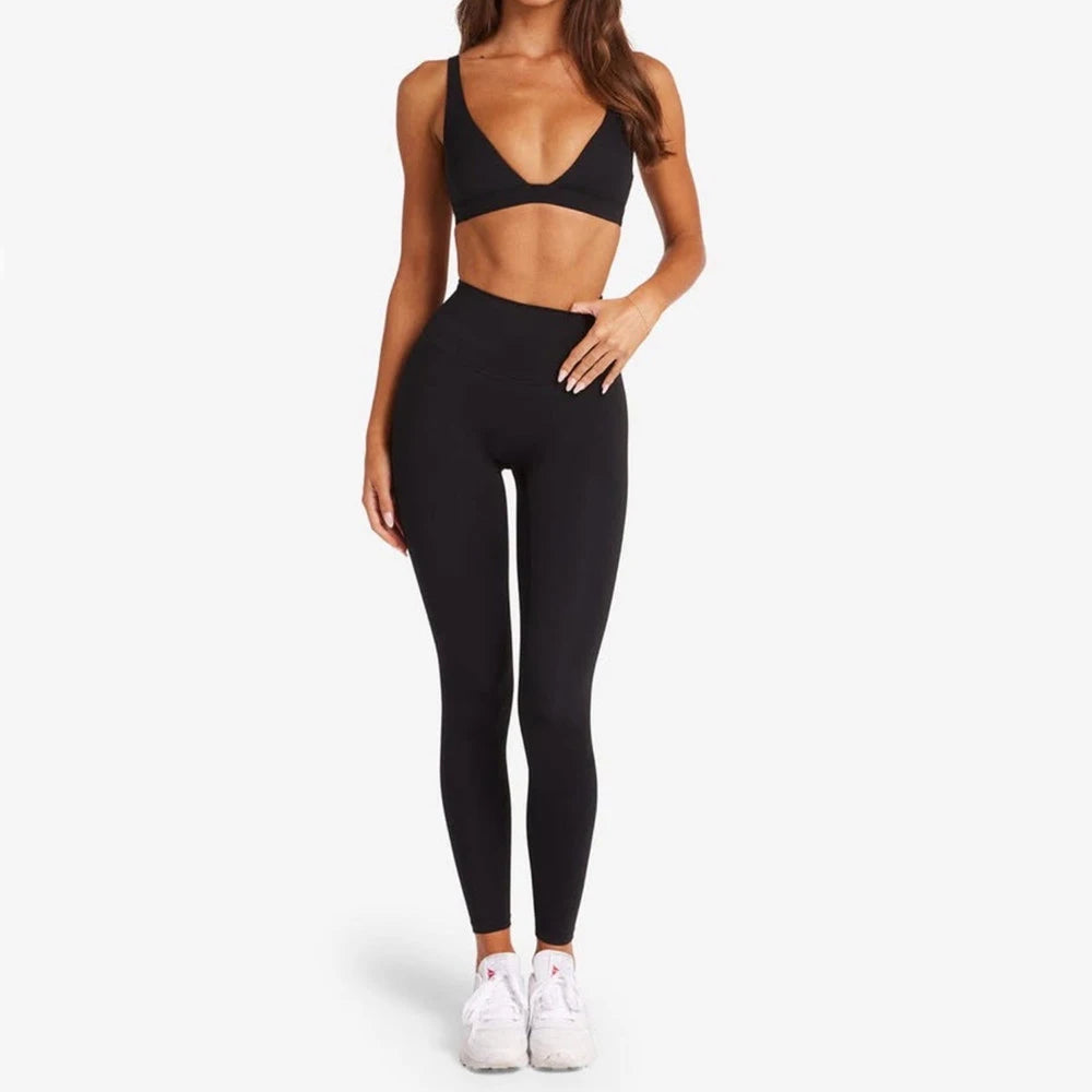 2PCS Nude Deep VNeck Sport Bra Women Yoga Sets Workout Gym Scrunch High Waist Fitness Push Up Shorts Running Avtive Suit XP187