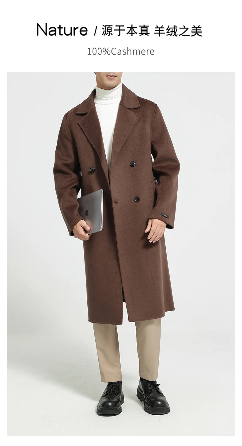 Men's 100% Cashmere Thick Double-Sided Extended Coat, Classic and Versatile Fashion for Business and Leisure