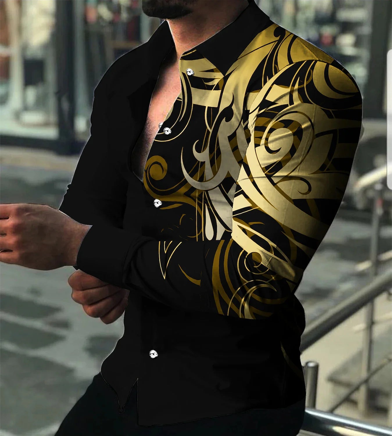 2023 New Men's Luxury Social Shirt Lapel Button Shirt Casual Printing Long-Sleeved Men's Club Prom Cardigan Street Top