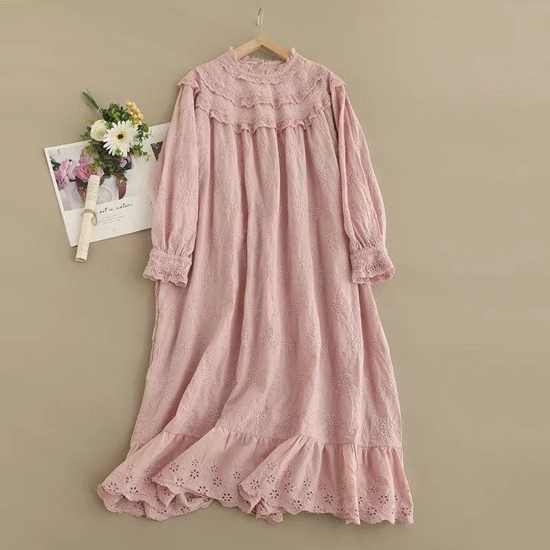Vintage Embroidery Hollow Out Cotton Linen Dress Women Spring Mori Girl Lace Ruffled Casual Long Sleeve Loose Pullover Vestidos