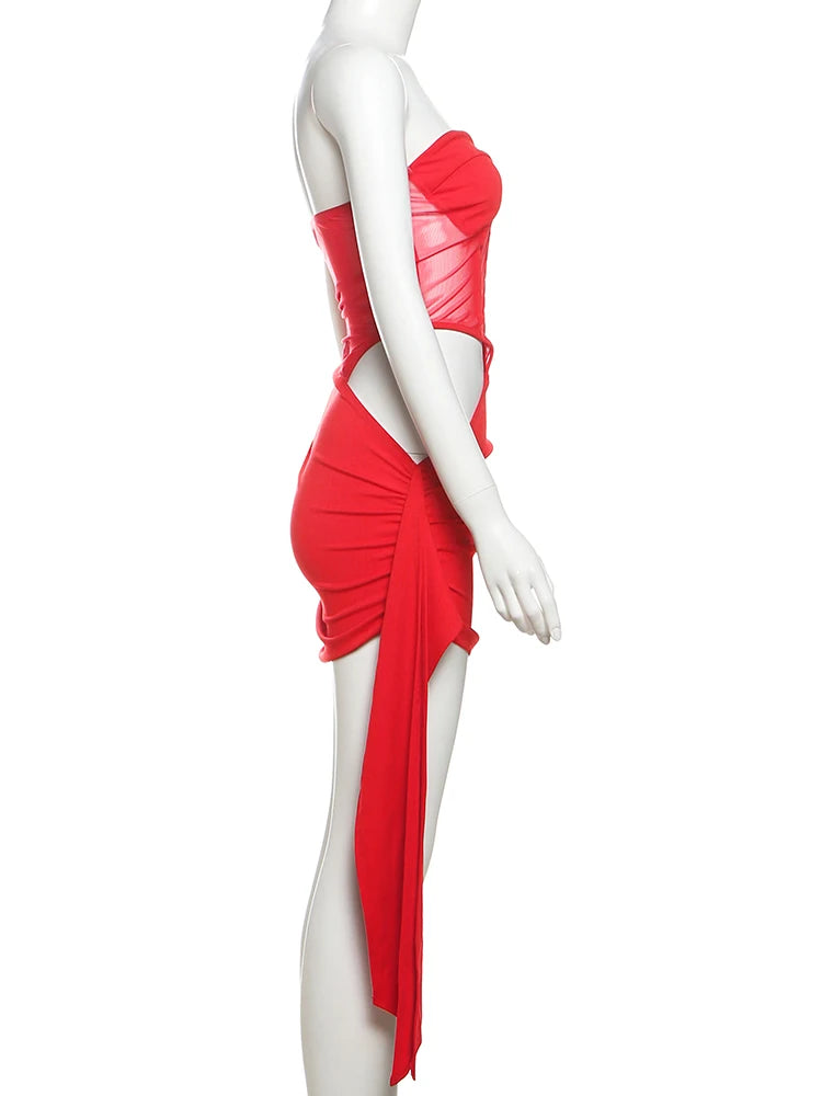Sisterlinda Sexy Hollow Dress Women See Through Sleeveless Backless Ribbon Ruched  Coquette Midnight Party Club Stretch Bodycon