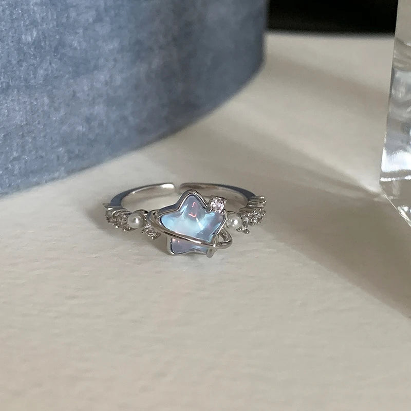 New Blue Planet Star Moon Rings for Women Zircon Rhinestone Pearl Open Finger Rings Sweet Party Y2K Jewelry 2000S Girls Gifts