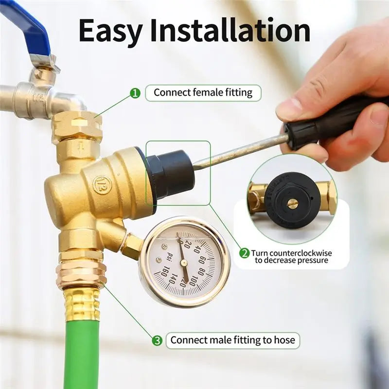 ABMH-1 PCS RV Water Pressure Regulator Valve Adjustable Water Pressure Reducer With Gauge And Inlet Screen Filter, Brass Lead-Fr