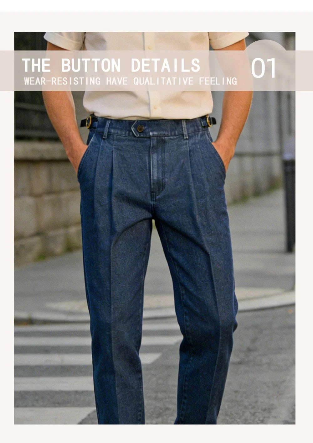 026 Spring Summer Men's Denim Look Woven Trousers, Neapolitan Double Pleat  High Waist Straight Leg Business Dress Pants