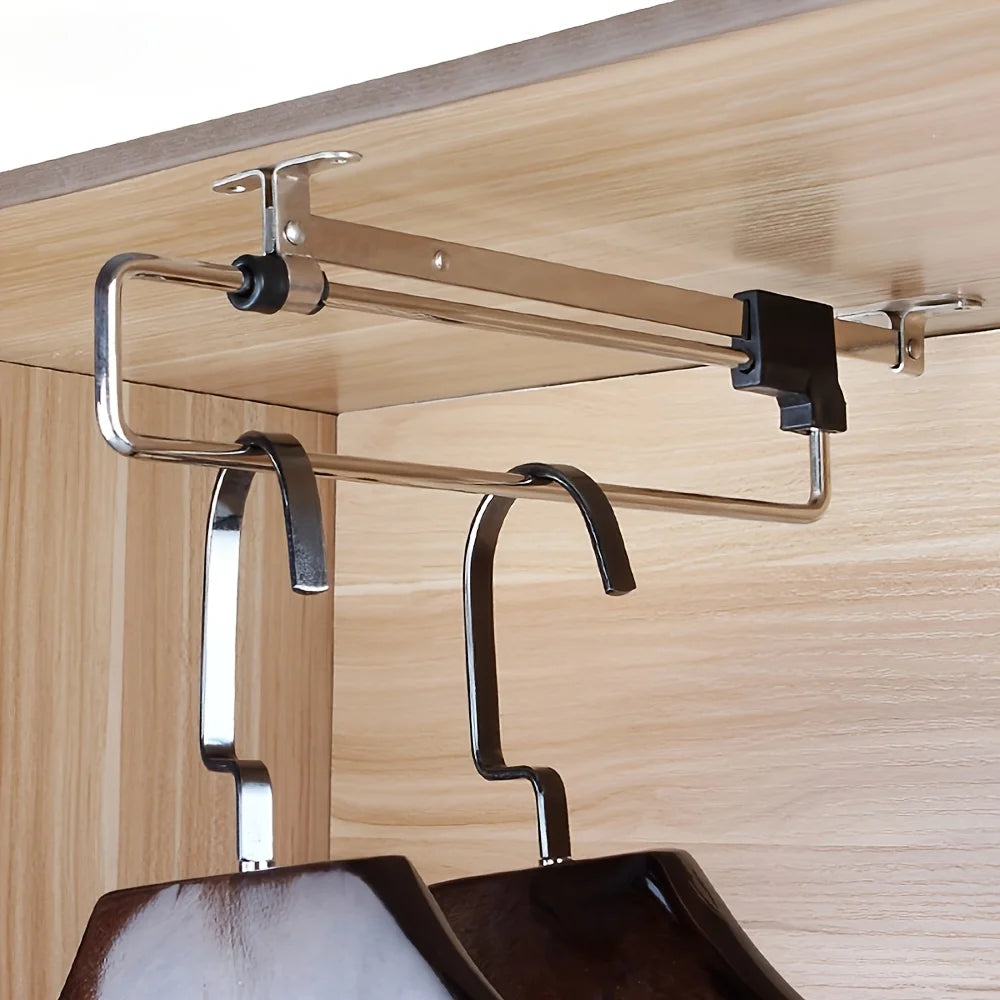 1pc Pull-Out Clothes Storage Rod Adjustable Foldable Metal Hanging Rail for Wardrobes Space-Saving Organizer Drying Racks