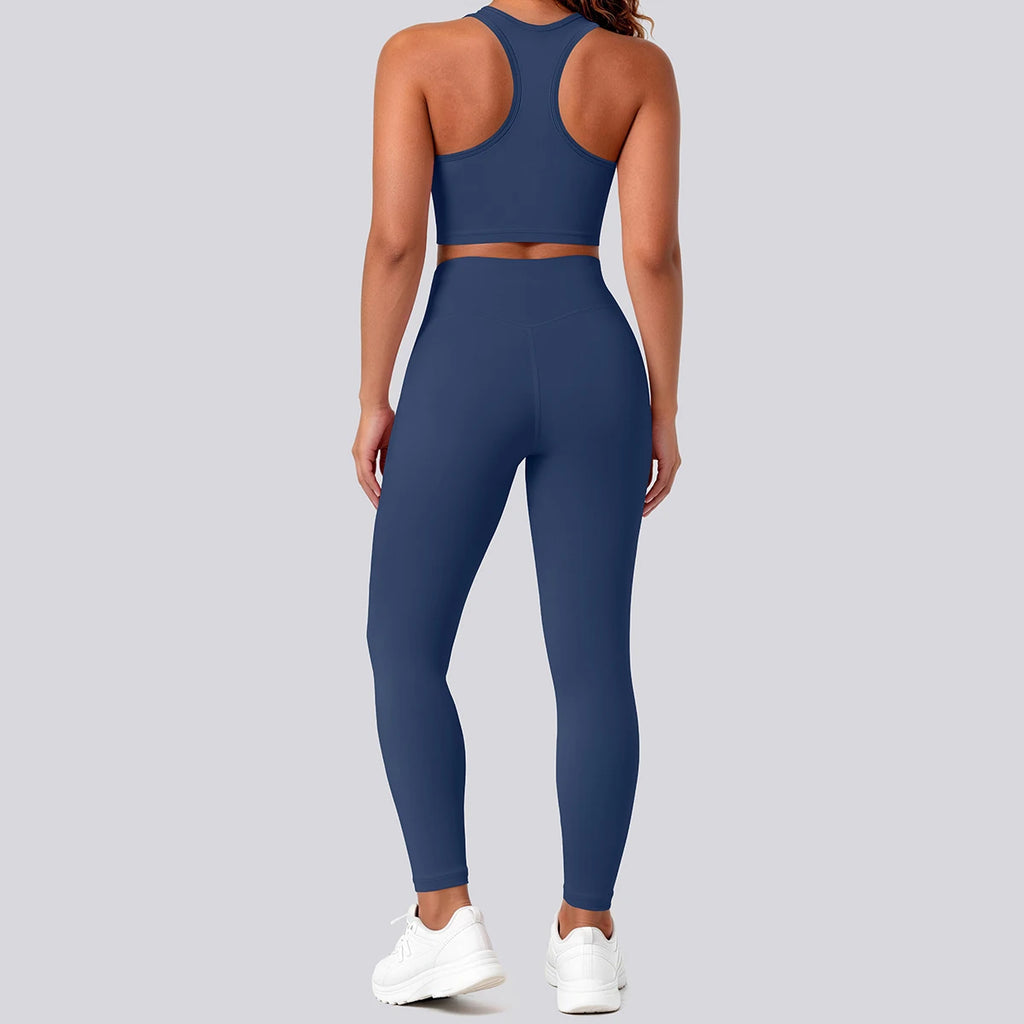 2PCS Solid Color Yoga Set for Woman's Gather Beautiful Back I-shaped Vest Shock-absorbing Running Yoga Tank Top Push Up Pants