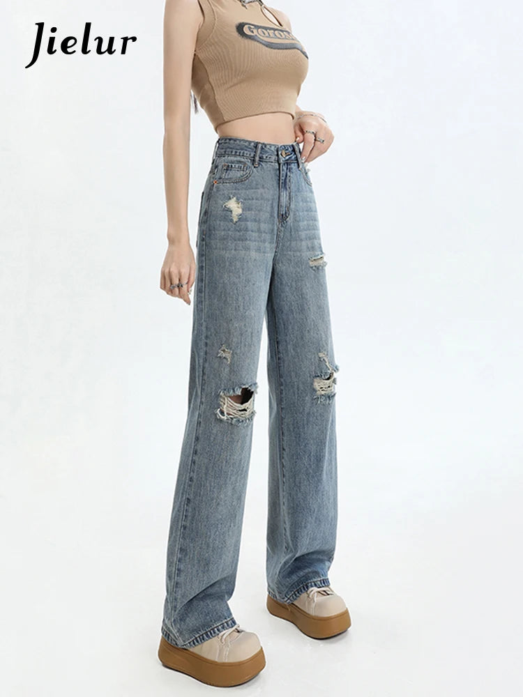 New Ripped Casual Loose Women Jeans High Waist Blue Korean Straight Pants Female Chicly Fashion Street Slim Woman Jeans
