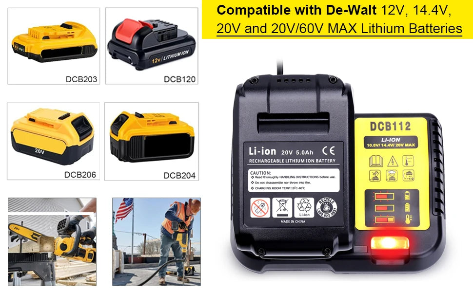 DCB112 Charger Repalcement for Dewalt 12V/20V Battery Charger Compatible with Dewalt 12V/20V Max Battery DCB200 DCB203 DCB125 DCB107