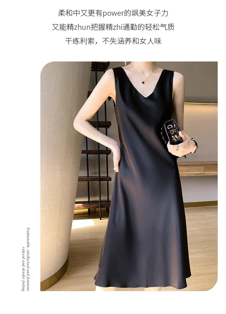 LHZSYY Silk Satin Front/Back V-neck Sling Dress Women's Sleeveless Waistcoat Top Spring Summer New Mulberry Silk Hip Long Skirts