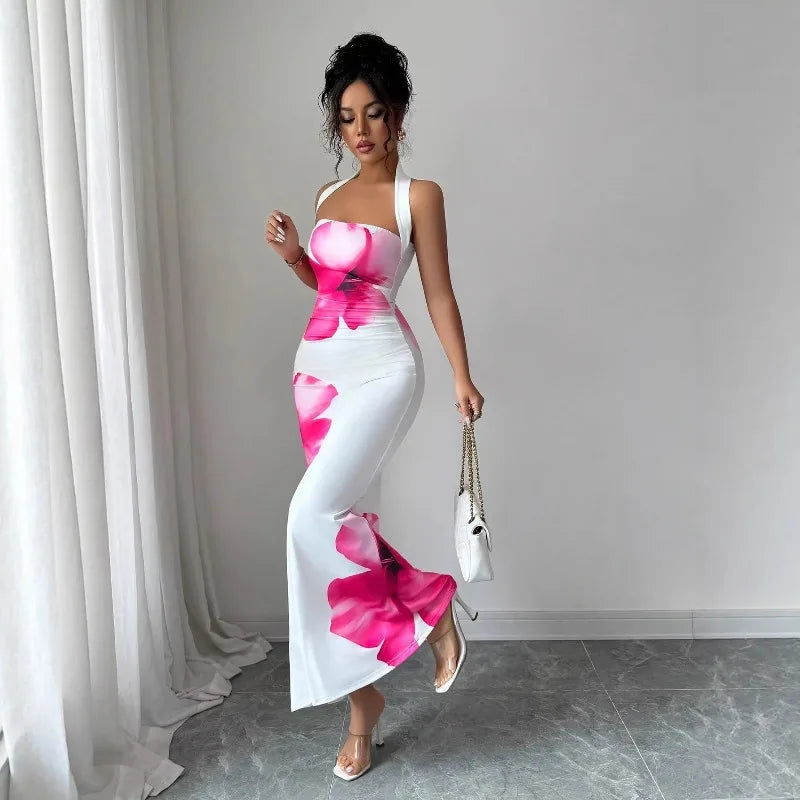 Women's 2026 New Popular Neck Halter Long Dress Hip-wrapped Printed Dress White Dress Birthday Dress for Women Summer Dress