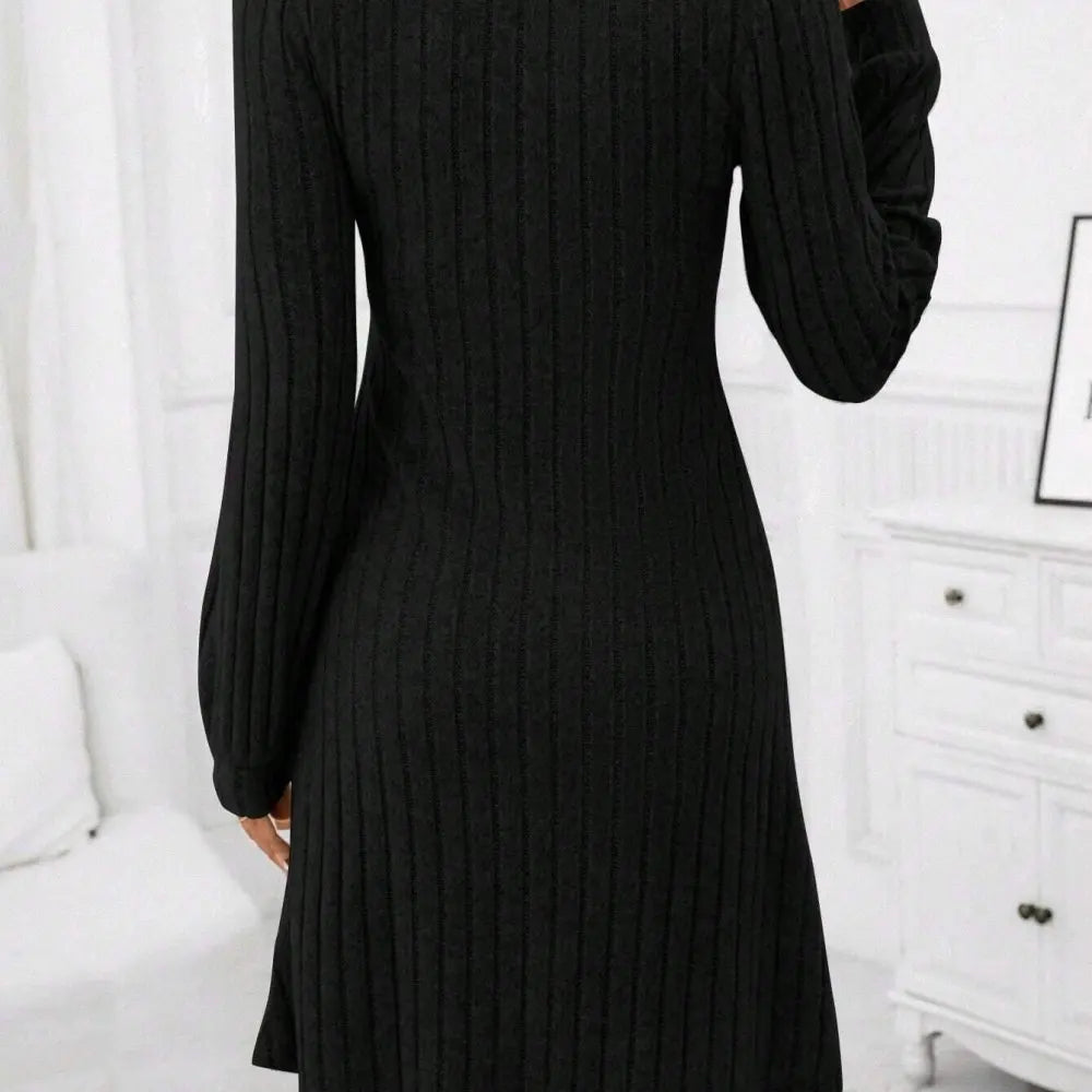 Casual Long Sleeve Brushed Ribbed Knit Dress Womens V Neck Slim Fit Autumn Winter Pullover Solid Color Streetwear