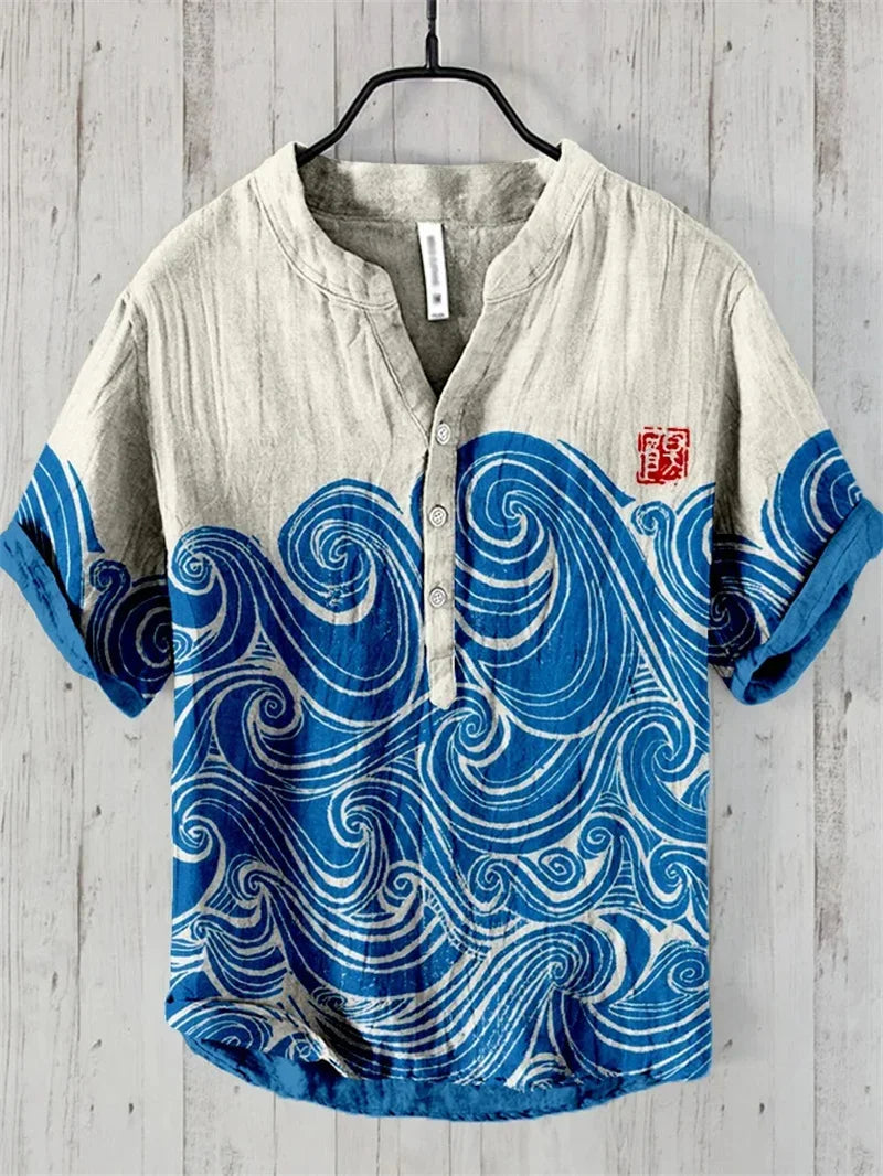 Hot sale Henry shirt 2025 summer men's casual short-sleeved T-shirt floral print top linen blend comfortable fabric XS-6XL size